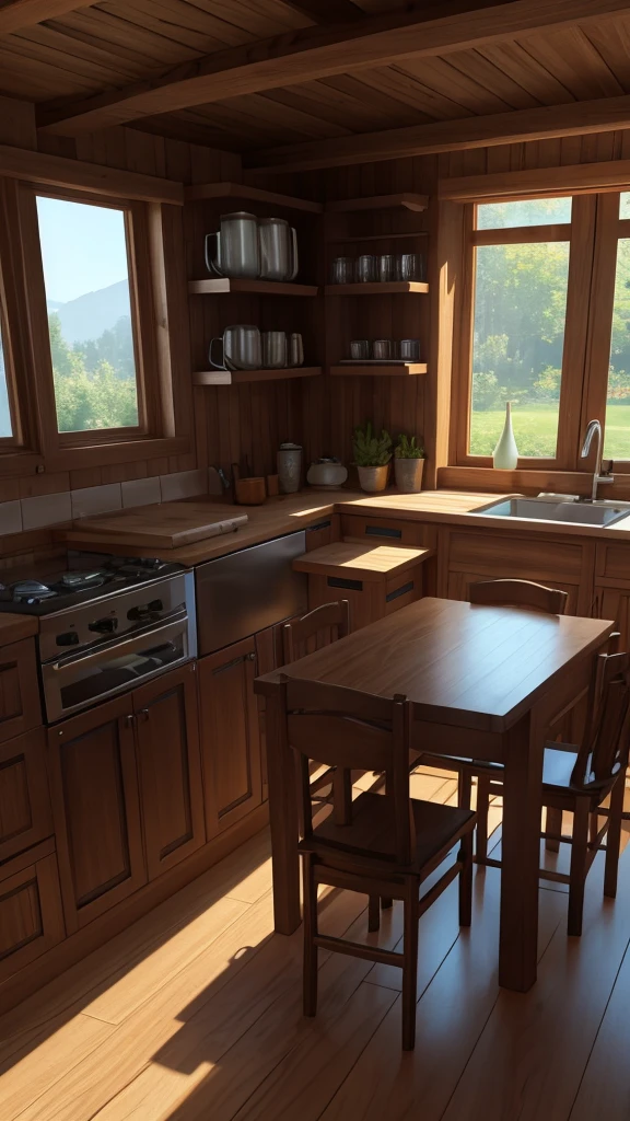 (masterpiece,Highest quality:8K) There is a kitchen with a table and chairs., a picture inspired by senior environment artist, Polycount Contest Winners, Fantastic realism, Cottagecore!!, Cottagecore, In the House of the Hobbit, Kitchen on a sunny day, Cottagecore hippie, Inside a Hobbit Hole, Inside a medieval hobbit house, 8K Photorender Reality Engine