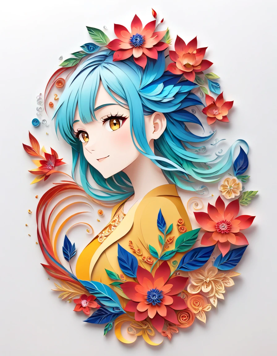 Paper cutting art,(Flat paper cutout,Paper Art,layered Paper Art,Paper Quilting, Digital Art),against a pure white background,(High detail, masterpiece, Highest quality, Ultra-high resolution),woman、womanを画像サイズ内に描く、Upper Body、From the waist up、Eyes are patchy、Sparkling eyes、Non-rev�ve clothing、Long sleeve blouse、flower、Facing forward、Smiling、(All red hair:1.5)、Short Hair、flowerの種類変えて、(Change the pose:1.5)、Change your body position、Change your body position、Mainly green and yellow colors、Change your hairstyle、Change your hair color、Change your clothes、
