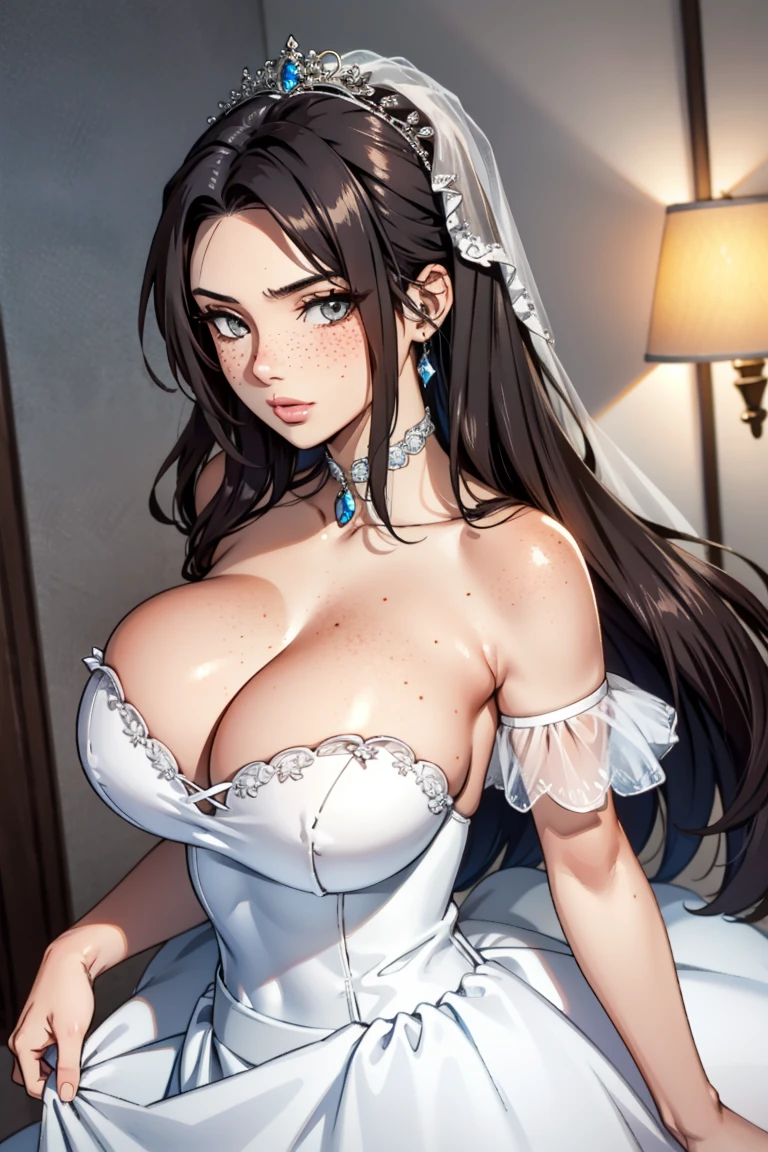 masterpiece, best quality, high quality, 1girl, wavy hair, long hair, detailed, curvy, blush, freckles, red hair, grey eyes, cleavage, cute, bluesparklebg, dress, frills, light blue dress, dress, white dress, off-shoulder dress, wedding dress, ballgown,