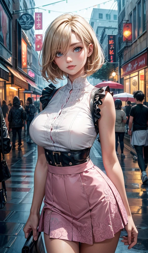 Please follow the all prompts below exactly and faithfully, This is a breathtaking masterpiece of digital illustration, with maximum resolution, UHD, 512K, 2160p, 10 million ppi, 300 million dpi, natural color tones, ultra sharp details, perfect outlines with contrast, ((smooth, soft and clearly and most realistic skin and hair texture)), most beautiful detailed eye features, perfect anatomically correct human body, beautiful background with depth, rule of thirds, depth of field, Maximize all element is used to its full potential to create the best digital illustrations, 1woman, sexy:1.5, beautiful face sharp, elegant woman, perfect body style, slender, beautiful big breasts, green eyes, blonde hair, hair over one eye, short hair, glossy very thick lips:0.7, pink lipstick:0.7, smile, Detailed casual summer outfit for an adult woman, skirt, short sleeves or sleeveless, intricate patterns and accessories, rainy city street background,