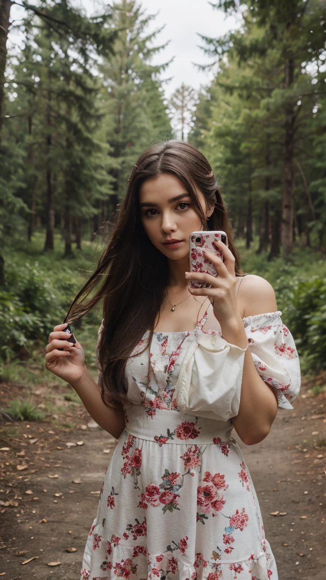 Girl standing with holding mobile phone, forest, 5 meters view distance, long hair, beautiful face, wearing colorful dress,