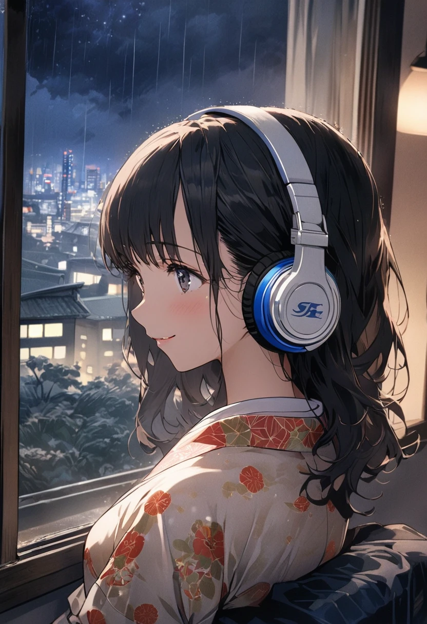 masterpiece, Highest quality, smile Dress shirt Create a scene of a 25-year-old woman looking out a window, Listening to music through headphones, Quiet and relaxing environment, Short black hair, Rear view, Gazing at the Horizon, At night, and through the window you can see fireflies and a beautiful landscape full of stars At night, Characters with detailed faces, hands and hair,Illustration Style、Showa Anime、ukiyo-e、((girl))、Tokyo、Soft Touch、((Modern))、winter、High resolution, samba, Latina,Rainy night,Tokyo