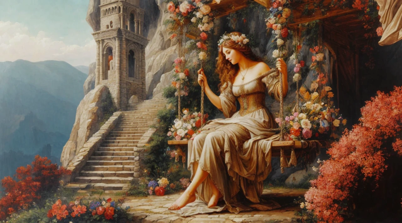 a highly detailed painting of a beautiful woman in medieval attire, she is sitting on a swing decorated with flowers, behind there are stone steps that lead to a tower, there is a cliff, The work has an old style but is rich in details, contrast and colors