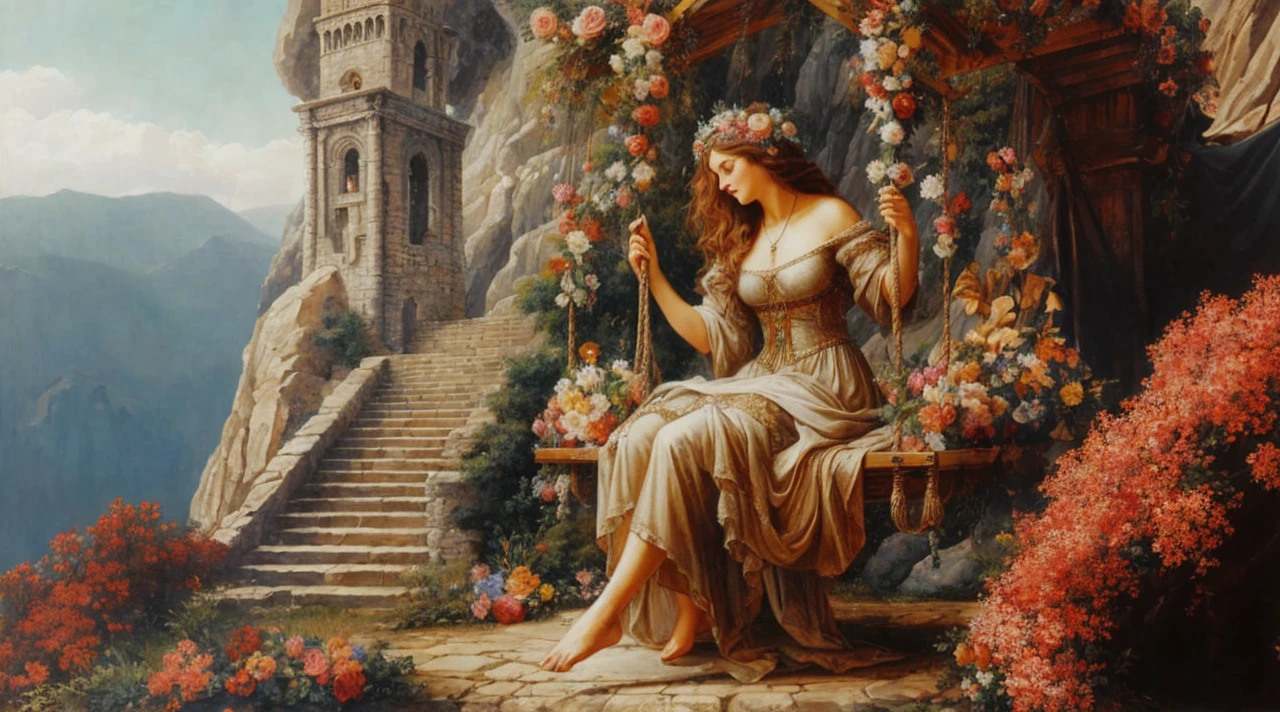 a highly detailed painting of a beautiful woman in medieval attire, she is sitting on a swing decorated with flowers, behind there are stone steps that lead to a tower, there is a cliff, The work has an old style but is rich in details, contrast and colors