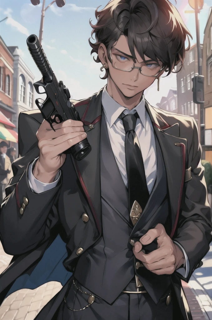 masterpiece,best quality,(1man:1.3), 25 years old,short hair,colored tips,curly hair,colored glasses,earings,gun,tie,topless,corset,mafia style,handcuffs,wrap coat,street,from above,(dutch angle, fisheye),lens flare,depth of field