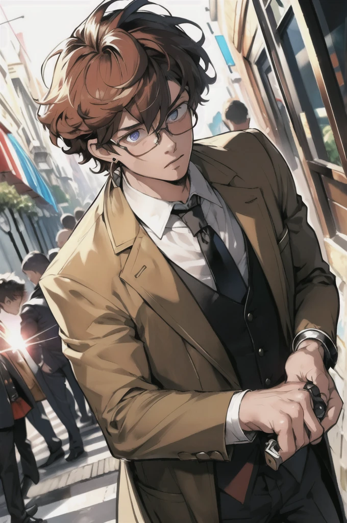 masterpiece,best quality,(1man:1.3), 25 years old,short hair,colored tips,curly hair,colored glasses,earings,gun,tie,topless,corset,mafia style,handcuffs,wrap coat,street,from above,(dutch angle, fisheye),lens flare,depth of field