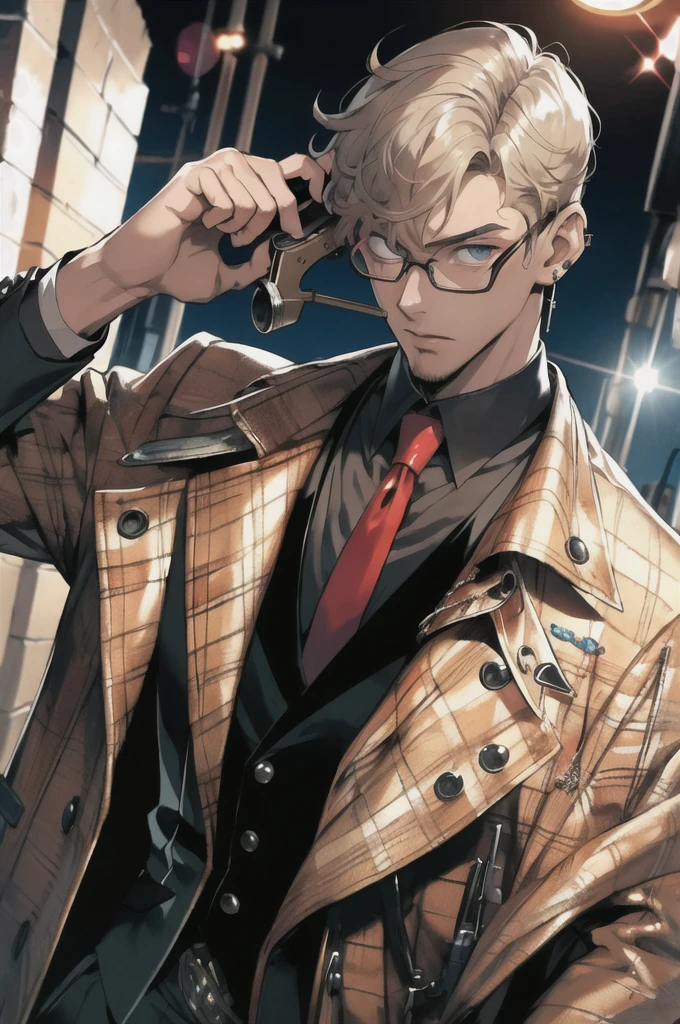 masterpiece,best quality,(1man:1.3), 25 years old,short hair,colored tips,curly hair,colored glasses,earings,gun,tie,topless,corset,mafia style,handcuffs,wrap coat,street,from above,(dutch angle, fisheye),lens flare,depth of field 