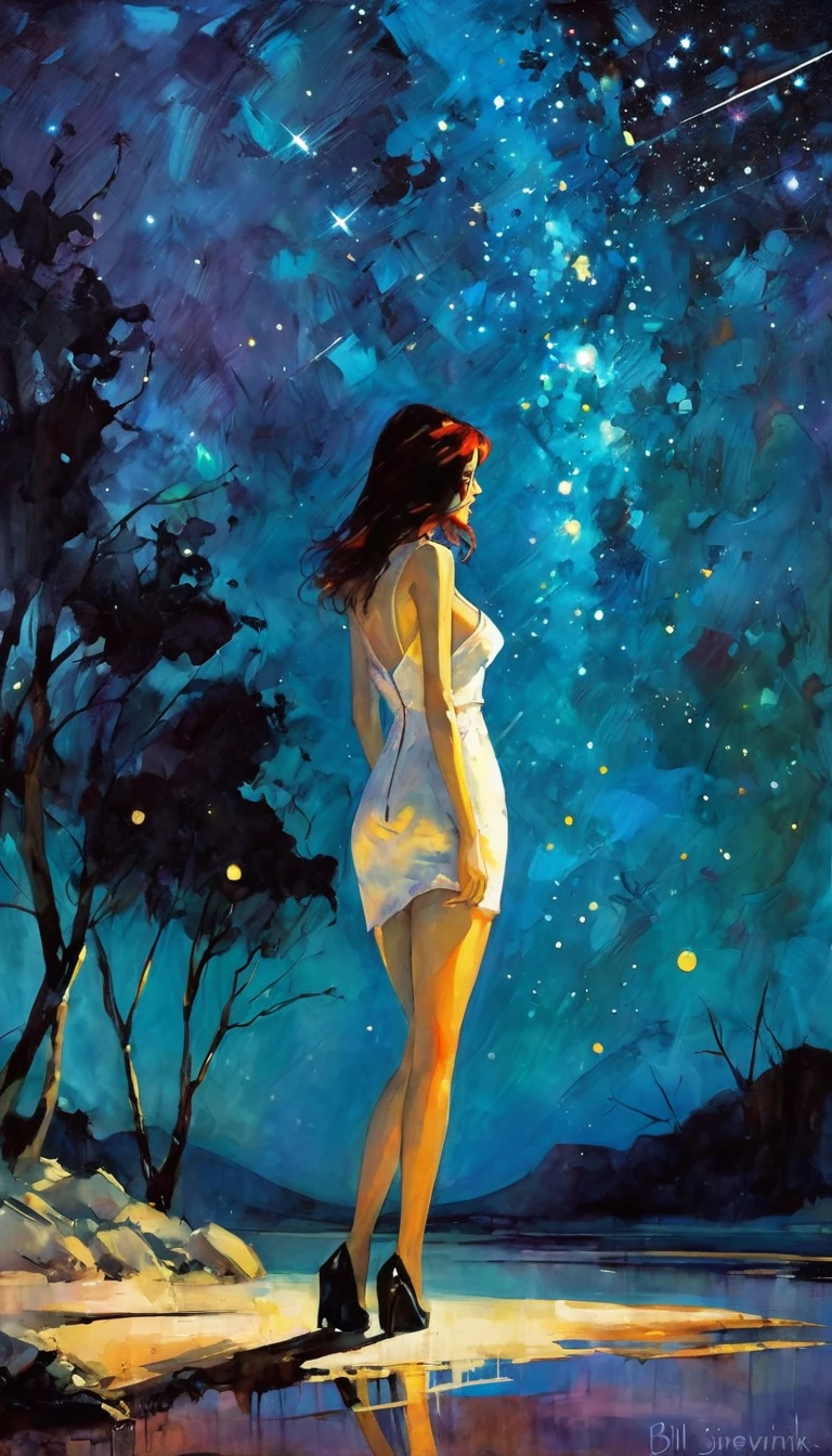 alone, sexy, night, stars, loneliness (art inspired by Bill Sienkiewicz ). oil painting)
