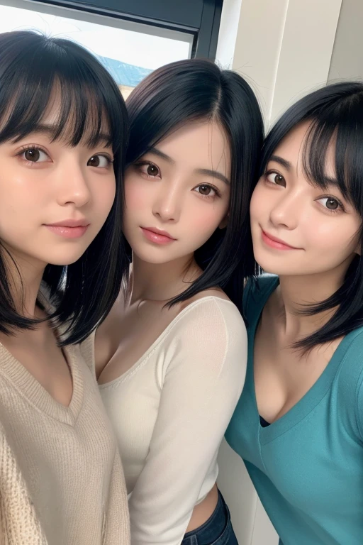 Three smiling girls, Blowing in the wind for a long time [Blue-black:.3] hair,View your audience, (masterpiece:1.3), (8K, Realistic, RAW Photos, Highest quality: 1.4), Japanese, (One Girl), Beautiful Face, (Realistic Face), (black hair, short hair:1.3), beautiful hairstyle, Realistic eyes, Beautiful details, (Realistic Skin), Beautiful Skin, charm, Ultra-high resolution, Ultra-realistic, Very detailed, Apartment, Shooting with a smartphone, Selfie, loose front of neck