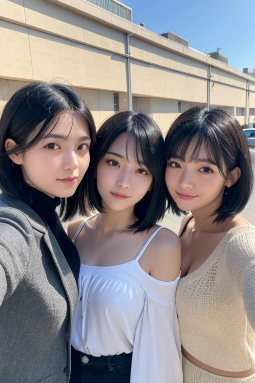Three smiling girls, Blowing in the wind for a long time [Blue-black:.3] hair,View your audience, (masterpiece:1.3), (8K, Realistic, RAW Photos, Highest quality: 1.4), Japanese, (One Girl), Beautiful Face, (Realistic Face), (black hair, short hair:1.3), beautiful hairstyle, Realistic eyes, Beautiful details, (Realistic Skin), Beautiful Skin, charm, Ultra-high resolution, Ultra-realistic, Very detailed, Apartment, Shooting with a smartphone, Selfie, loose front of neck