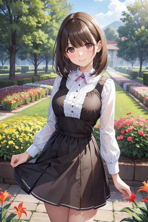 anegasaki nene、Shiny brown hair, short hair, (Beautiful brown eyes)、smile、Sparkling eyes, (Fine grain)、Ultra-detailed eyes、Highly detailed face, Highly detailed eyes,Cowboy Shot、(masterpiece), Highest quality, Ultra-high resolution, Sharp focus, Green Mini Dress、Brake　Beautiful woman among pink lily of the valley flowers in garden, View your viewers, smile、