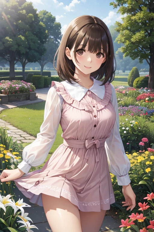 anegasaki nene、Shiny brown hair, short hair, (Beautiful brown eyes)、smile、Sparkling eyes, (Fine grain)、Ultra-detailed eyes、Highly detailed face, Highly detailed eyes,Cowboy Shot、(masterpiece), Highest quality, Ultra-high resolution, Sharp focus, Green Mini Dress、Brake　Beautiful woman among pink lily of the valley flowers in garden, View your viewers, smile、