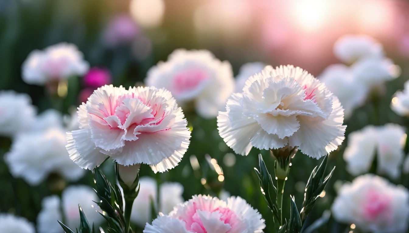 luxurious  white and pink carnations, dew, bokeh ,garden in the background, cinematic light, realistic photo, 8k