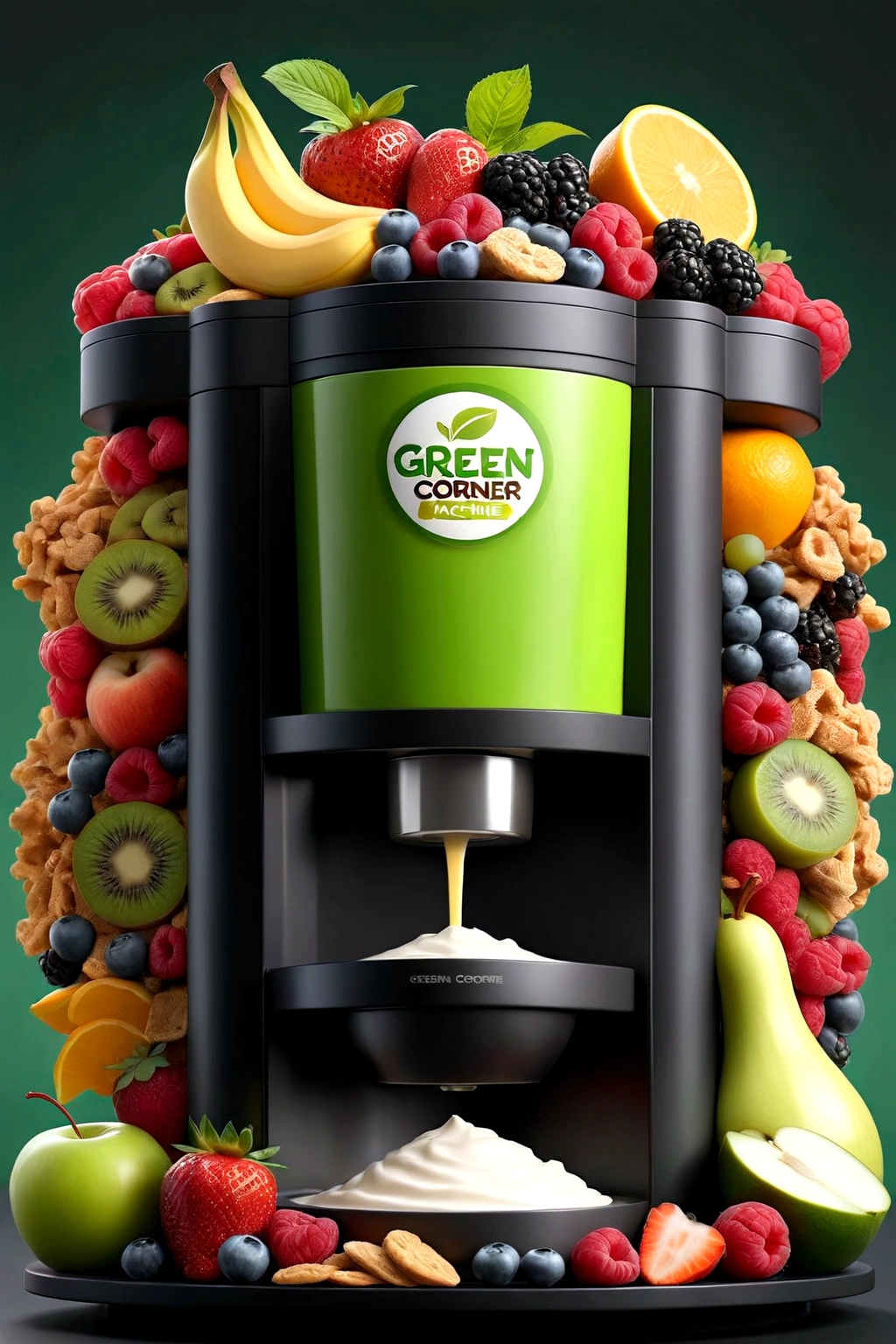 Make a big black machine with writing "green corner", This machine has to have yogurt, natural juice, healthy snacks, Cereal bars. It has to be complete, big and in 3d
