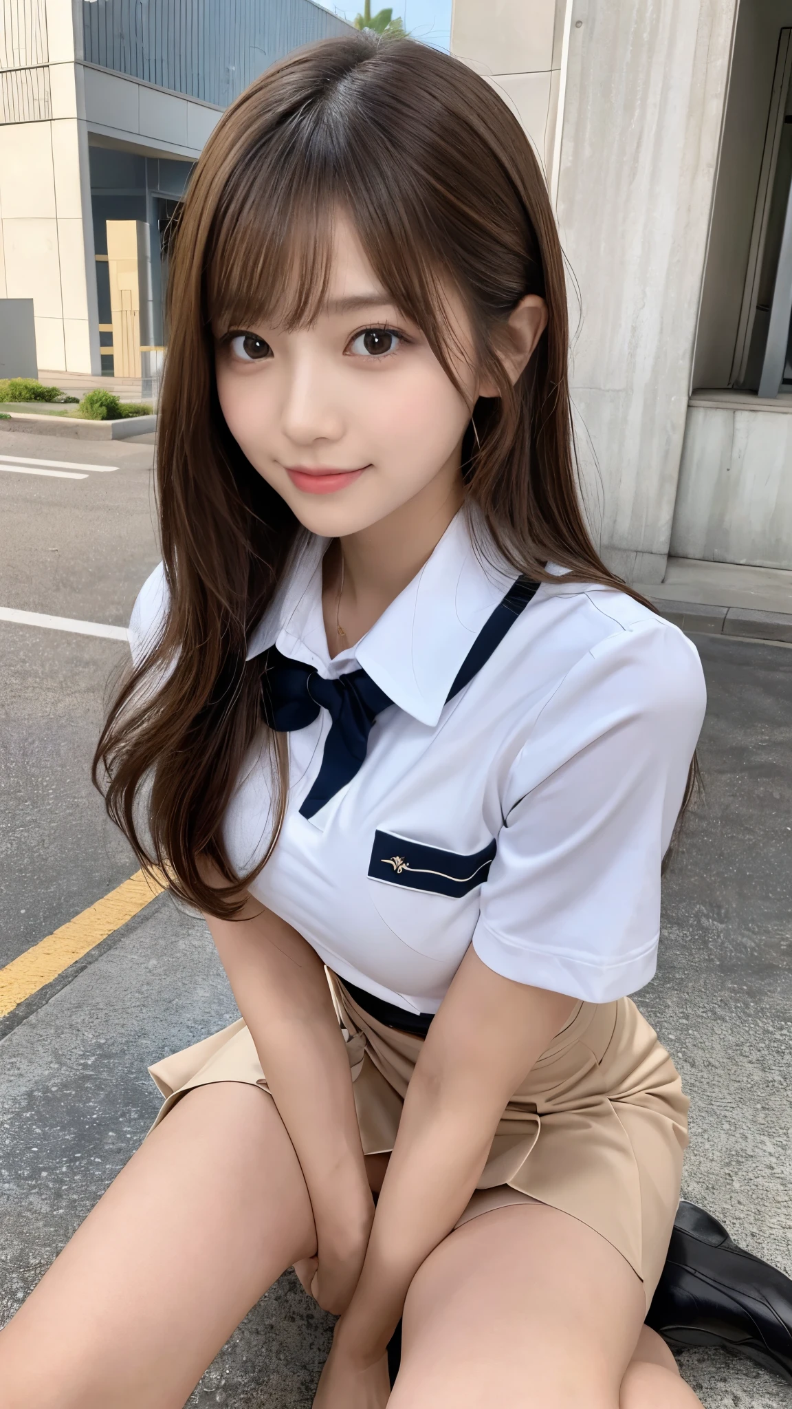 (Detailed skin:1.2),(Shiny skin:1.1),8K,Highest quality, masterpiece, Ultra-high resolution,(Realistic:1.4), RAW Photos,(Soft saturation:1.3),(Fair skin:1.2),Japanese Idols,repair,20 years, Light brown hair, （Shore Surf:1.2)、（Long Hairstyles:1.2), Asymmetrical Hair, Asymmetrical bangs (Pretty face:1.4), (Large Breasts, Tight waist), Beautiful lighting, Small Head, (Student Uniform:1.2,),Highly detailed face, Highly detailed lips, fine grain, double eyelid,（Full Body Shot）, Browsing Caution, （Sharp focus: 1.2）, （Perfect ???????、Beautiful woman with perfect figure: 1.2）、Random sexy poses，Accentuate your leg lines、Smiling