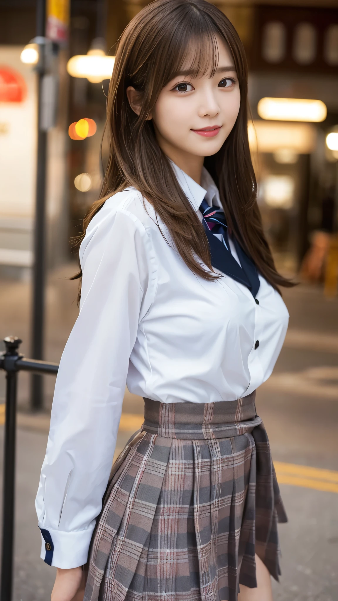 (Detailed skin:1.2),(Shiny skin:1.1),8K,Highest quality, masterpiece, Ultra-high resolution,(Realistic:1.4), RAW Photos,(Soft saturation:1.3),(Fair skin:1.2),Japanese Idols,repair,20 years, Light brown hair, (Shore Surf:1.2)、(Long Hairstyles:1.2), Asymmetrical Hair, Asymmetrical bangs (Pretty face:1.4), (Large Breasts, Tight waist), Beautiful lighting, Small Head, (Student Uniform:1.2,),Highly detailed face, Highly detailed lips, fine grain, double eyelid,(Full Body Shot), Browsing Caution, (Sharp focus: 1.2), (Perfect Anatomy、Beautiful woman with perfect figure: 1.2)、Random sexy poses,Accentuate your leg lines、Smiling
