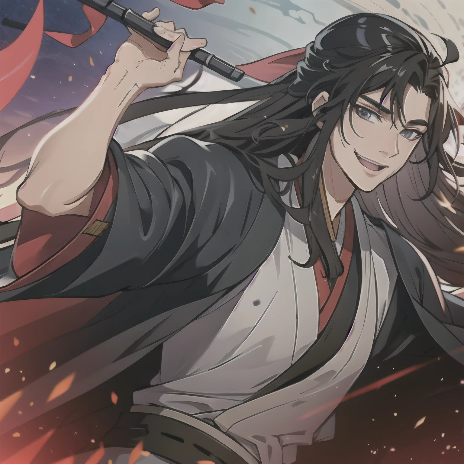 (masterpiece, best quality:1.2), 1male, solo, wei wuxian, mo dao zu shi, mdzs, black clothes, grey eyes, long black hair, perfect anatomy, smile, happy