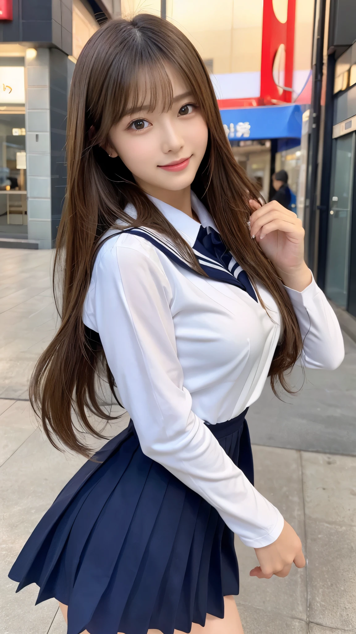 photo of a girl, wearing (crop-top:0.5) basic school sailor uniform, long sleeve, pleated blue_skirt, beautiful eyes, deep-color, BREAK
(((SHIBUYA))), 109, Shibuya Center Street, friends,