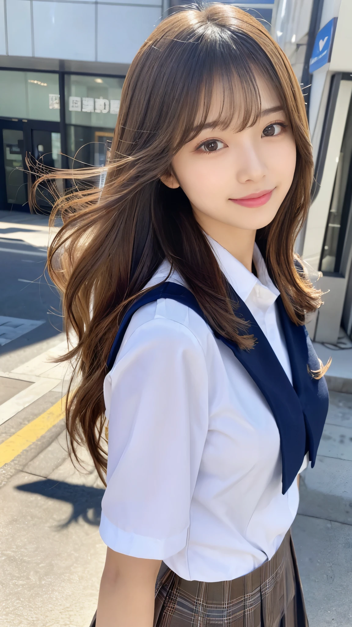 (Detailed skin:1.2),(Shiny skin:1.1),8K,Highest quality, masterpiece, Ultra-high resolution,(Realistic:1.4), RAW Photos,(Soft saturation:1.3),(Fair skin:1.2),Japanese Idols,repair,20 years, Light brown hair, (Shore Surf:1.2)、(Long Hairstyles:1.2), Asymmetrical Hair, Asymmetrical bangs (Pretty face:1.4), (Large Breasts, Tight waist), Beautiful lighting, Small Head, (Student Uniform:1.2,),Highly detailed face, Highly detailed lips, fine grain, double eyelid,(Full Body Shot), Browsing Caution, (Sharp focus: 1.2), (Perfect Anatomy、Beautiful woman with perfect figure: 1.2)、Random sexy poses,Accentuate your leg lines、Smiling