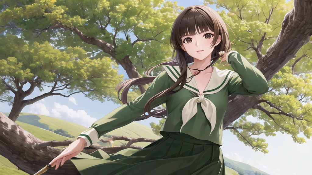 masterpiece, Highest quality, High resolution, aayoshino, , Long Hair, Twin Blade, Brown eyes, Hair that falls over the shoulders, , Sailor collar, neckerchief, Green Shirt, One piece sailor shirt, Long sleeve, Green Skirt, Long skirt, Are standing, Cowboy Shot, Outdoor,