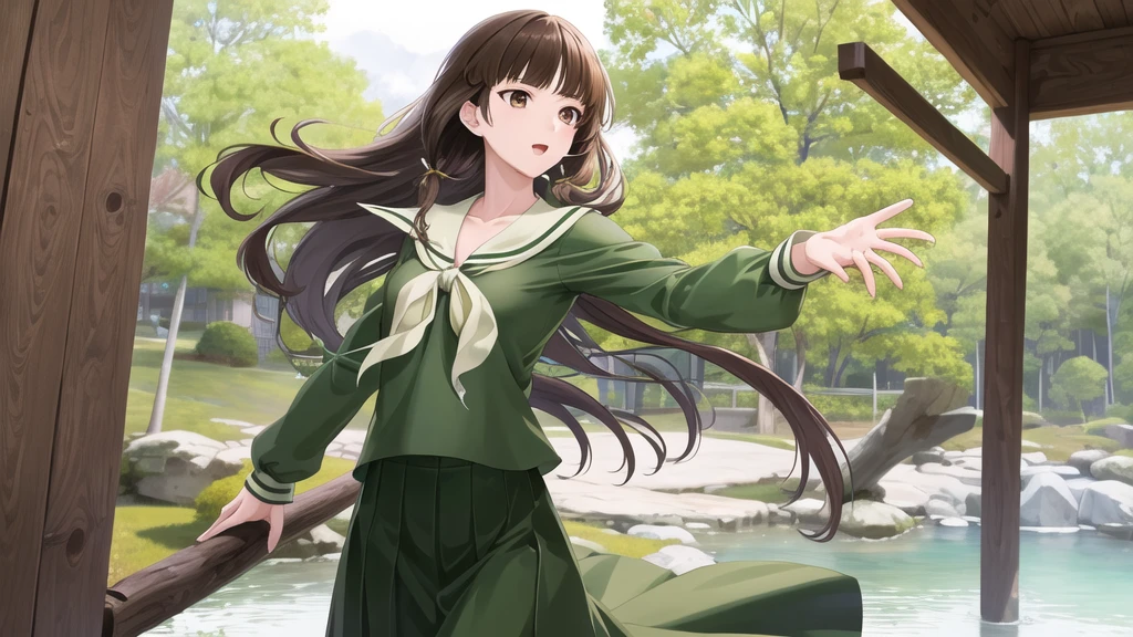 masterpiece, Highest quality, High resolution, aayoshino, , Long Hair, Twin Blade, Brown eyes, Hair that falls over the shoulders, , Sailor collar, neckerchief, Green Shirt, One piece sailor shirt, Long sleeve, Green Skirt, Long skirt, Are standing, Cowboy Shot, Outdoor,