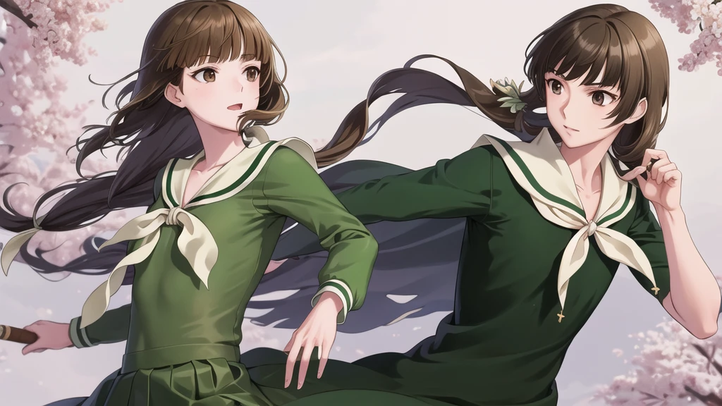 masterpiece, Highest quality, High resolution, aayoshino, , Long Hair, Twin Blade, Brown eyes, Hair that falls over the shoulders, , Sailor collar, neckerchief, Green Shirt, One piece sailor shirt, Long sleeve, Green Skirt, Long skirt, Are standing, Cowboy Shot, Outdoor,