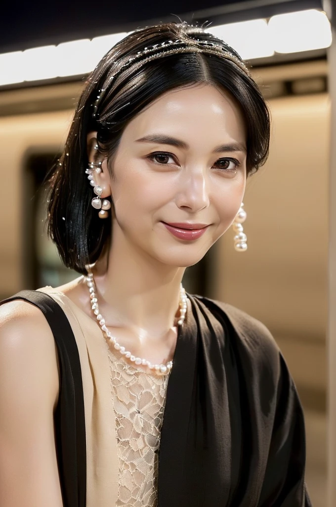 (((An American-shot photo, looking at viewer))),(((( Seductive pose, 7 heads、Staring Intently :1.8)))),(((A short-sleeved dress with a wide V-neck and lace in a very thin fabric in a deep beige color, Soaking wet、She is looking straight at the camera with a very shy look on her face.。light makeup、A short, well-groomed, shiny black haircut。A very simple and very modest pearl necklace and a small single pearl earring.:1.4)))。((Highest quality)), ((masterpiece)), (((detailed,32k))), (midnight ,A modern train station platform in Tokyo on a dark, pouring, stormy night, Low Key Lighting:1.6)、(((A very beautiful, extremely elegant and intelligent 39-year-old Japanese woman。Very intelligent, with a goddess-like face and figure。An extremely elegant, calm and modest smile, Being drunk、My eyes are quite watery、I'm very horny、embarrassed ,blush, Curvy Body、Extremely realistic, detailed and beautiful depiction of the face and waist:1.9)))、(((The skin is white and very smooth。A very hot rainy summer night、I'm pretty sweaty、My clothes were soaked and pretty see-through.、When wet, it sticks tightly to the skin, revealing the beautiful lines of the body.、Through the extremely thin fabric, her skin and her navy blue, lacy, high-end underwear are clearly visible.:1.9)))。(((A simple and elegant business pencil skirt in a plain navy blue knee-length,The clothes fit the body very well:1.8))), ((Healthy Body、The line of the chest, collarbone and décolletage are extremely beautiful.:1.9))。(((large&good hips、large&nice chests )))