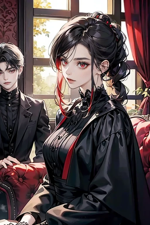 Friends, 3 boys, brothers, 1 woman, Goth clothing, goth style living room, vampire, sit together, different hair color, red eyes, side by side, upper body
