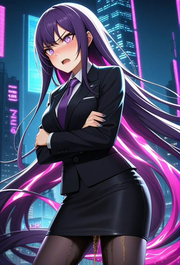 (high quality,Very detailed:1.37, High resolution), Woman, (very long hair:1.5), dark purple hair, purple eeyes, large breasts, (wetting herself:1.5), standing, business suit, necktie, (very long pencil skirt:1.5), pantyhose, (arms crossed:1.5), (embarrassed:1.5), (humiliation:1.5), (angry:1.25), (blushing:1.5), open mouth, Cyberpunk Style, Cyberpunk Cityscape, Neon Light, High-tech accessories, Meticulous details, (extremely detailed eys:1.37), Glowing LED pattern, Urban scenery, Futuristic elements, Mysterious Aura, ,Flying cars racing through the air, Holographic Advertising, Visually stunning architecture, Energetic and dynamic poses, Gives off a powerful aura, The cityscape reflected in her metallic eyes, Graceful movement amidst chaos, A moonlit sky with a futuristic hue, Pulsating Electronic Soundtrack, Enhanced Augmented Reality Overlays, Interacting with virtual objects in the environment