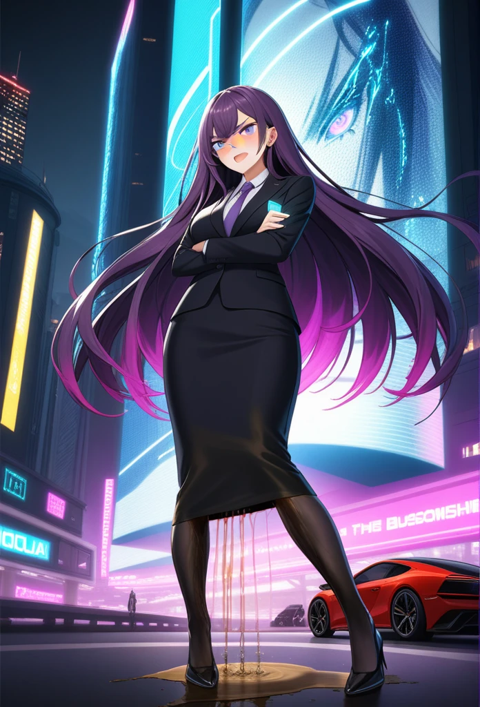 (high quality,Very detailed:1.37, High resolution), Woman, (very long hair:1.5), dark purple hair, purple eeyes, large breasts, (wetting herself:1.5), standing, business suit, necktie, (very long pencil skirt:1.5), pantyhose, (arms crossed:1.5), (embarrassed:1.5), (humiliation:1.5), (angry:1.25), (blushing:1.5), open mouth, Cyberpunk Style, Cyberpunk Cityscape, Neon Light, High-tech accessories, Meticulous details, (extremely detailed eys:1.37), Glowing LED pattern, Urban scenery, Futuristic elements, Mysterious Aura, ,Flying cars racing through the air, Holographic Advertising, Visually stunning architecture, Energetic and dynamic poses, Gives off a powerful aura, The cityscape reflected in her metallic eyes, Graceful movement amidst chaos, A moonlit sky with a futuristic hue, Pulsating Electronic Soundtrack, Enhanced Augmented Reality Overlays, Interacting with virtual objects in the environment