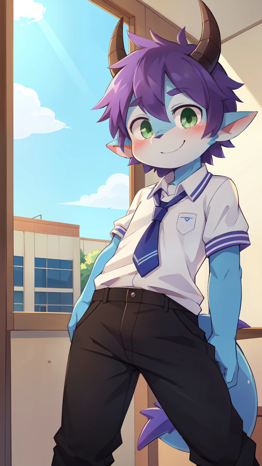 score_9,score_8_up,score_7_up, source_cartoon, source_furry, dragon boy, horns, green eyes, tail, purple hair, shota, , furry, blush, dragon tail, looking at viewer, smile, 1boy, dragon horns, pointy ears, , short hair, furry male, two tone body fur, blue body fur, clear blue body fur, ((school uniform, black pants)), school, clear sky,