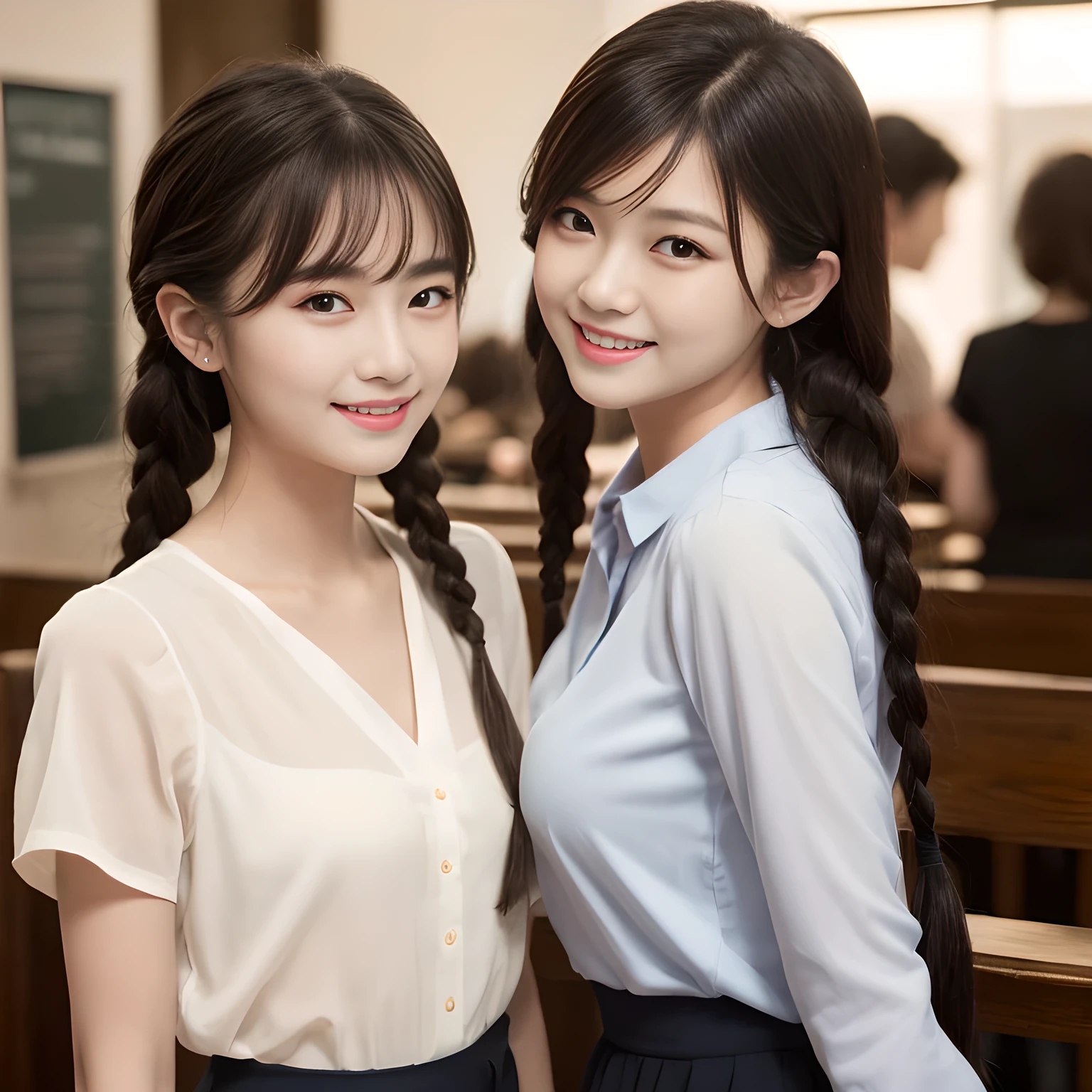 (highest quality, masterpiece:1.2), highest quality, High resolution, 1080P, 8K, Height: 158cm, ((A very intelligent, very noble, pretty and neat Japanese beautiful girl fashion model. . Looking at the audience. Realistic fashion model)), ((((White face with plump cheeks)))), Glossy lips, (Evenly cut bangs), ((Very beautiful dark eyes)), The very large, shiny, wide red ribbon bow-tie on her chest is very cute., ((Black Hair)), ((long twin braids)), (((Cream colored blouse))), A neat uniform, Very lustrous, glossy lips, Open hand over open mouth, Beautiful hair like a hair model, Cream colored long skirt, Watching the viewer and laughing, ((Incredibly well organized, The expression is rich. plump and beautiful skin and face)), ((Pure and clear eyes)), Long eyelashes, ((laughing at me!)), A ruffled blouse will highlight the shadows., Glossy Lips, Advertisement of Japanese girl's school