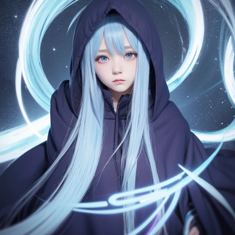 Anime illustration style, light blue hair, long hair, large eyes, small mouth, cute face, purple eyes, cute girl aged 16, very large bust, profession magician, clothing navy blue hooded robe, no hood, background dark corridor, using wind magic, full body image