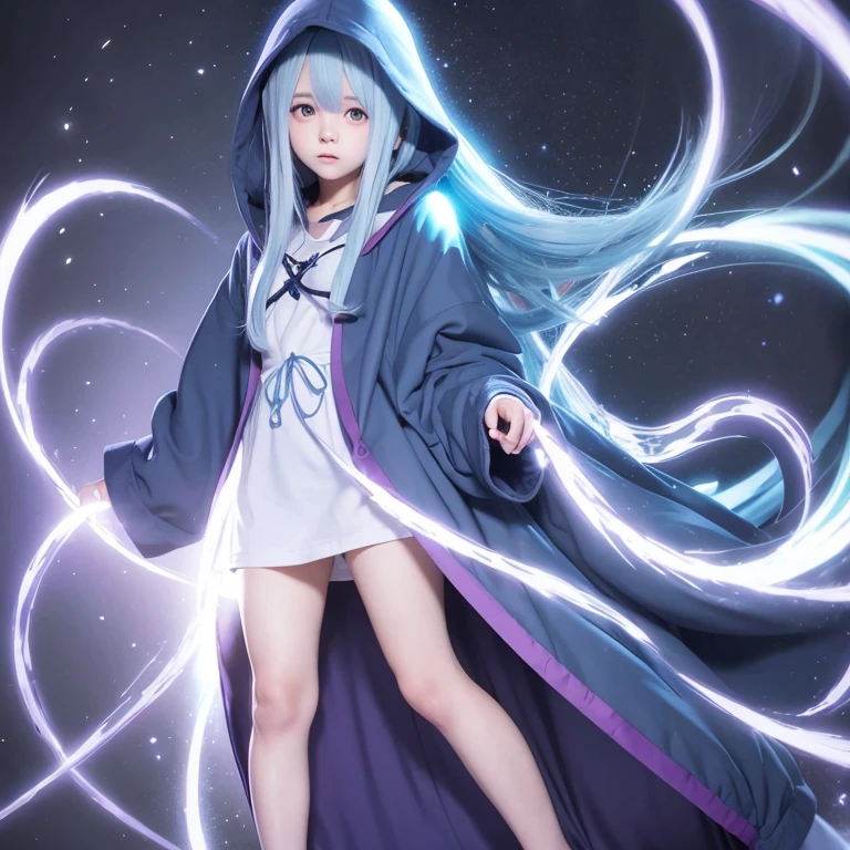 Anime illustration style, light blue hair, long hair, large eyes, small mouth, cute face, purple eyes, cute girl aged 16, very large bust, profession magician, clothing navy blue hooded robe, no hood, background dark corridor, using wind magic, full body image