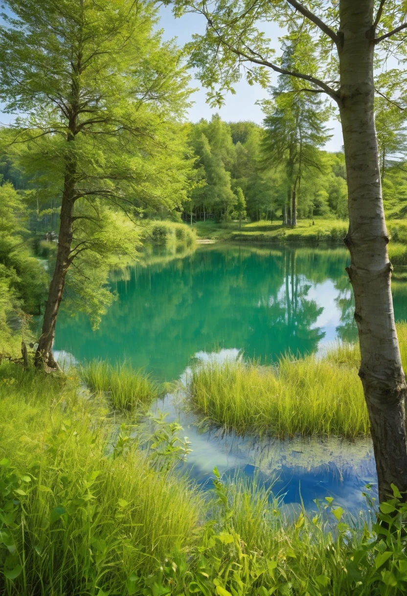 Natural landscape with few trees and a small lake