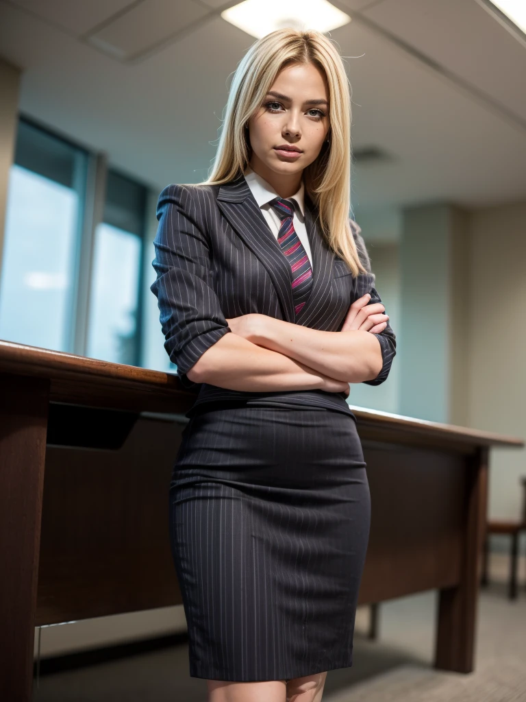 (masutepiece,High quality,16k:1.1),(depth of fields:1.3) ,((front body:1.35)), Ukrainian ,Woman, blonde,makeup,((business suit, black vertical striped pencil skirt )), voluptuous, thicc,(arms crossed:1.5) (wetting herself:1.5), (desperation:1.75),standing ,necktie peeing self, wetting her clothes