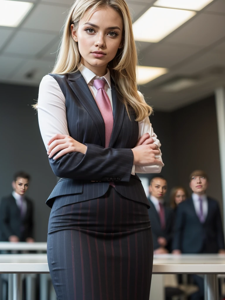 (masutepiece,High quality,16k:1.1),(depth of fields:1.3) ,((front body:1.35)), Ukrainian ,Woman, blonde,makeup,((business suit, black vertical striped pencil skirt )), voluptuous, thicc,(arms crossed:1.5) (wetting herself:1.5), (desperation:1.75),standing ,necktie peeing self, wetting her clothes