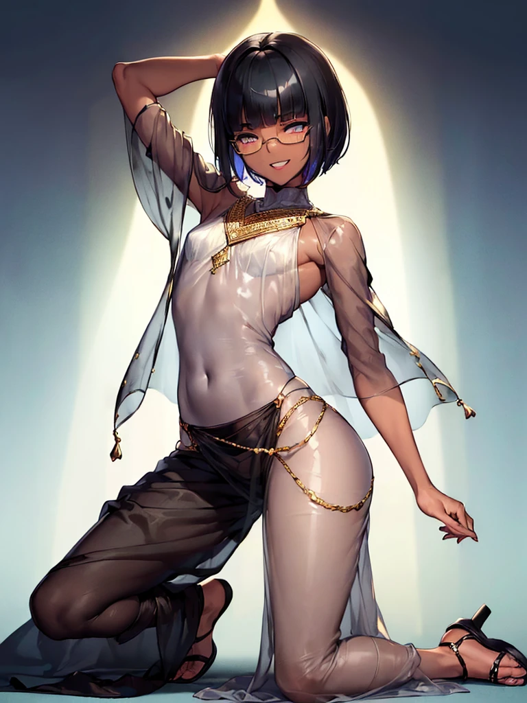 (1 boy solo:1.4),(flat chest),(dark skin:1.7), (masterpiece:1.2), highest quality, High resolution, unity 8k wallpaper, (fine and beautiful eyes:1.6), highly detailed face, perfect lighting, Detailed CG, (perfect hands, perfect anatomy), 20 years old, (black hair:1.3), detailed eyes, best quality, extremely detailed, very precise detailed, (glasses:1.6), (blunt bangs:1.3), (open mouth), (very short pixie cut:1.2), (Sandals:1.2), (evil smile:1.4), , (half closed eyes:1.3) ,long sidelocks, (blush),(kneeling:1.3),(Put left knee in front:1.5),(arabian clothes:1.5),,(see-through harem pants:1.4),(arms behind head),spread legs,