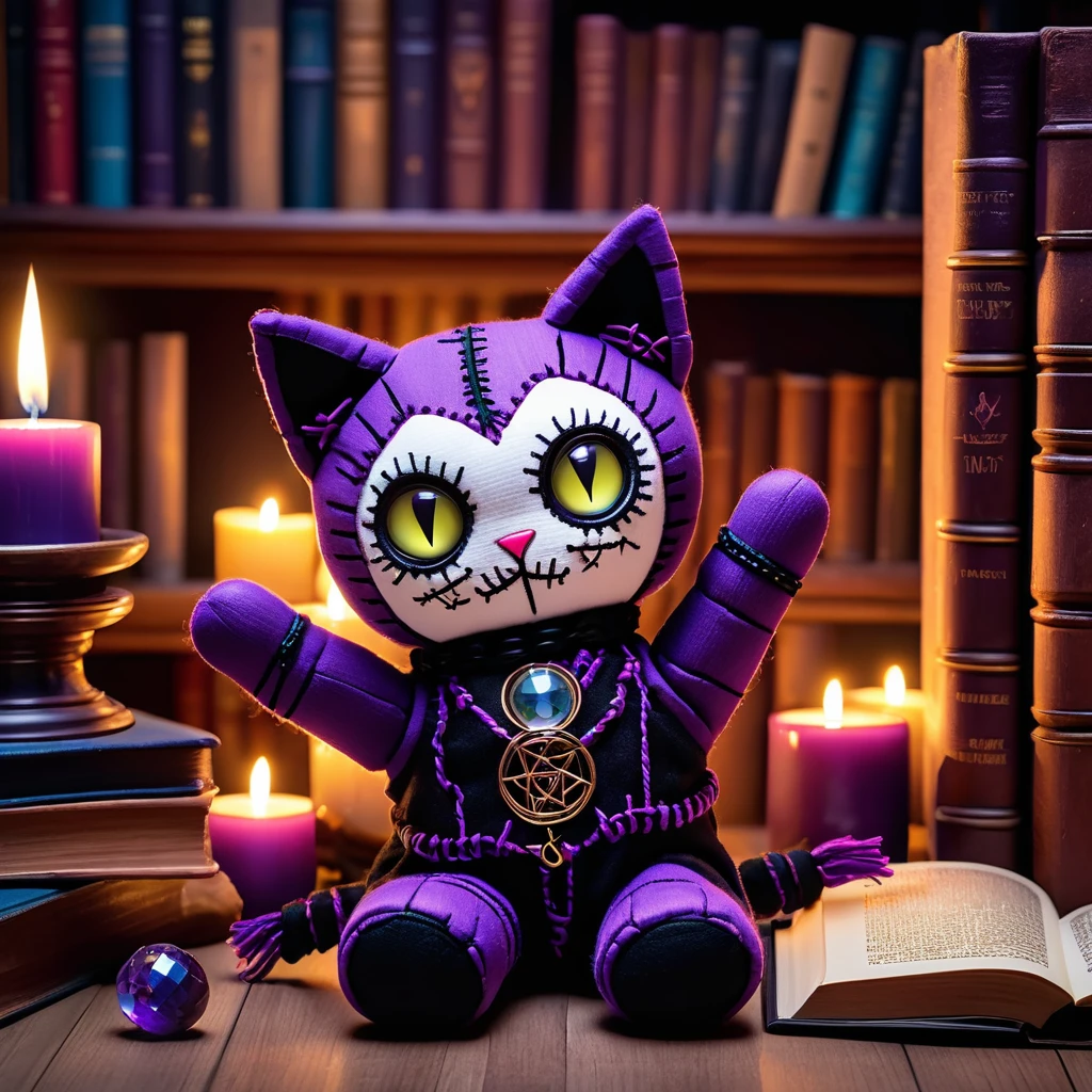 (knitted toy voodoo doll:1.7), (Voodoo Cat:1.2), (Keeper of Secrets:1.3), (Clothing: midnight cloak with ancient runes:1.0), (Accessories: enchanted crystal ball emitting purple light, levitating mystical symbols:1.1), (background: eerie library with floating books, glowing candles, and spectral shadows:1.2), best quality, masterpiece, detailed soft oil painting, detailed background, dramatic cinematic lighting, soft edge lighting, professional, dramatic lighting, hard edge lighting, ultra quality, 4k,masterpiece, best quality, 8k, ultra highres, highres, extremely detailed