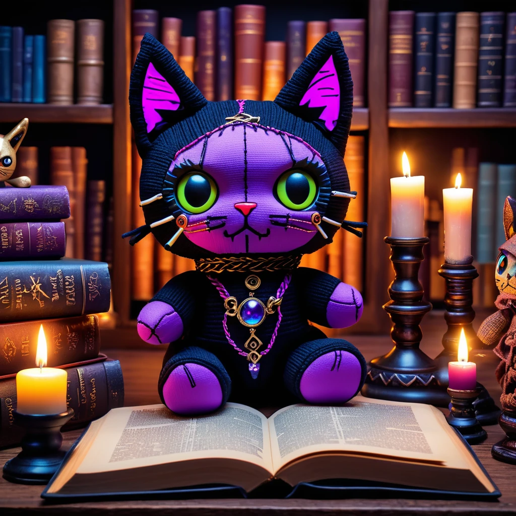 (knitted toy voodoo doll:1.7), (Voodoo Cat:1.2), (Keeper of Secrets:1.3), (Clothing: midnight cloak with ancient runes:1.0), (Accessories: enchanted crystal ball emitting purple light, levitating mystical symbols:1.1), (background: eerie library with floating books, glowing candles, and spectral shadows:1.2), best quality, masterpiece, detailed soft oil painting, detailed background, dramatic cinematic lighting, soft edge lighting, professional, dramatic lighting, hard edge lighting, ultra quality, 4k,masterpiece, best quality, 8k, ultra highres, highres, extremely detailed