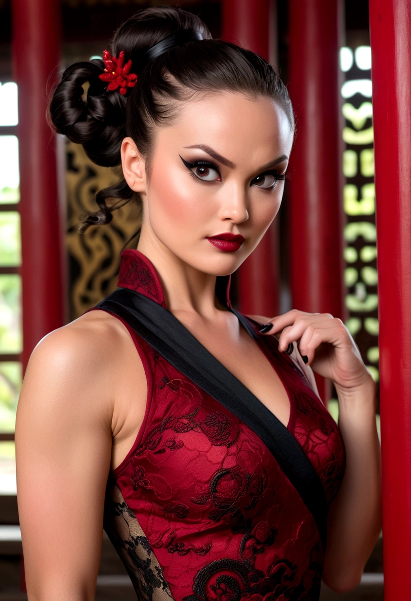 Tori Black asian ninja warrior, ringlets wavy five feet long black hair, updo hairstyle with ponytail on one side and long hairpins holding the bun, dark red glossy lips, heavy black eye shadow long black eyeliner, long sharp nails, black lace beautiful and creative sleeveless ninja warrior bodysuit, forehead lace ornament, posing in a Shaolin temple interior, happy expression, dark ambience night time candle lights. No faces on her chest!