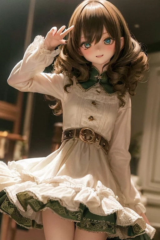 photorealistic, realistic photo, ((highest quality)), ((masterpiece)), extremely detailed, kukolnydom, doll, (1girl, 20yo, 20 years old:1.6), solo, ((cowboy shot, dynamic pose)), (skinny, slender, slim, little smile, parted lips), green eyes, brown hair, (looking at another, medium hair, loose curly hair, blank eyes, empty eyes, detailed eyes:1.3), dress, castle, 8k