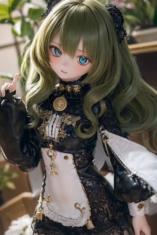 photorealistic, realistic photo, ((highest quality)), ((masterpiece)), extremely detailed, kukolnydom, doll, (1girl, 20yo, 20 years old:1.6), solo, ((cowboy shot, dynamic pose)), (skinny, slender, slim, little smile, parted lips), green eyes, brown hair, (looking at another, medium hair, loose curly hair, blank eyes, empty eyes, detailed eyes:1.3), dress, castle, 8k