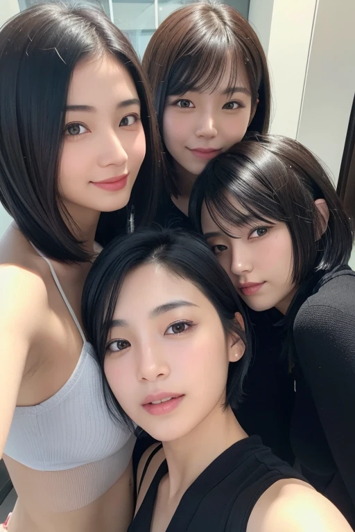 Three smiling girls, Blowing in the wind for a long time [Blue-black:.3] hair,View your audience, (masterpiece:1.3), (8K, Realistic, RAW Photos, Highest quality: 1.4), Japanese, (One Girl), Beautiful Face, (Realistic Face), (black hair, short hair:1.3), beautiful hairstyle, Realistic eyes, Beautiful details, (Realistic Skin), Beautiful Skin, charm, Ultra-high resolution, Ultra-realistic, Very detailed, Apartment, Shooting with a smartphone, Selfie, loose front of neck, Nipples