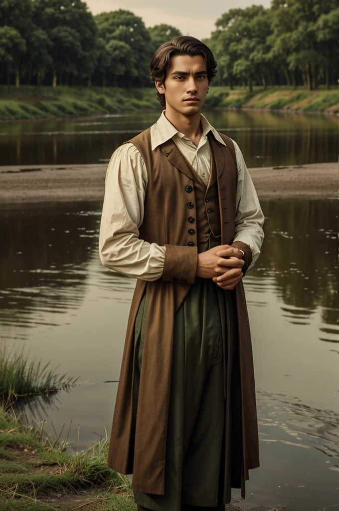 <lora:pedropascal:0.9> pedropascal, a man, Vest and dress shirt with dress pants, tranquil lake
