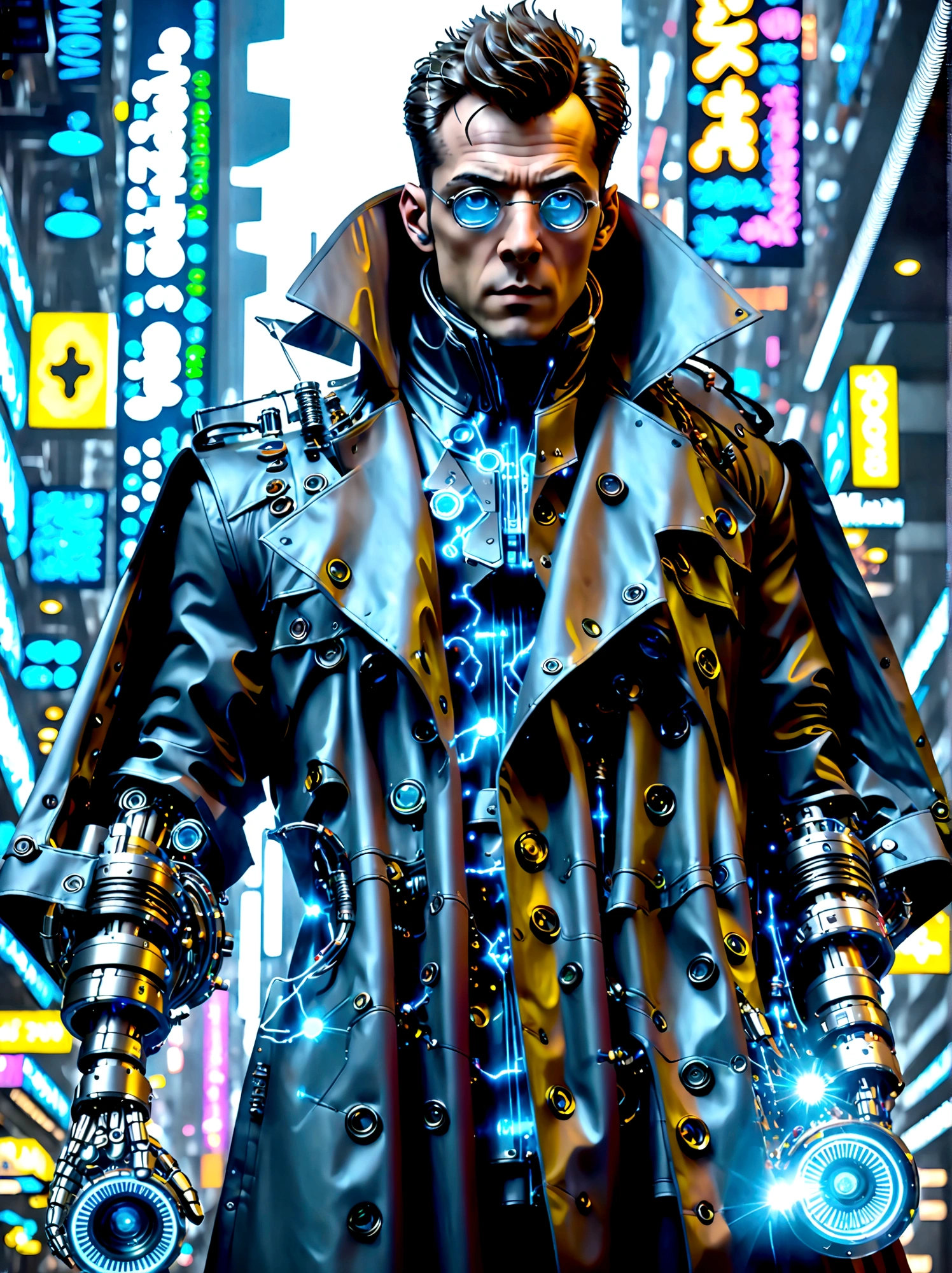 (best quality, 8k,highres,masterpiece:1.2), ultra-detailed, (realistic, photorealistic), (Detective Gadget in a sleek black trench coat:1.5), (Black trench coat of future technology:1.7), standing confidently, showcasing advanced futuristic gadgets, electric blue accents on his gadgets, mechanical arms extending from his coat, sharp and determined eyes, futuristic cityscape in background, bokeh, studio lighting, sharp focus