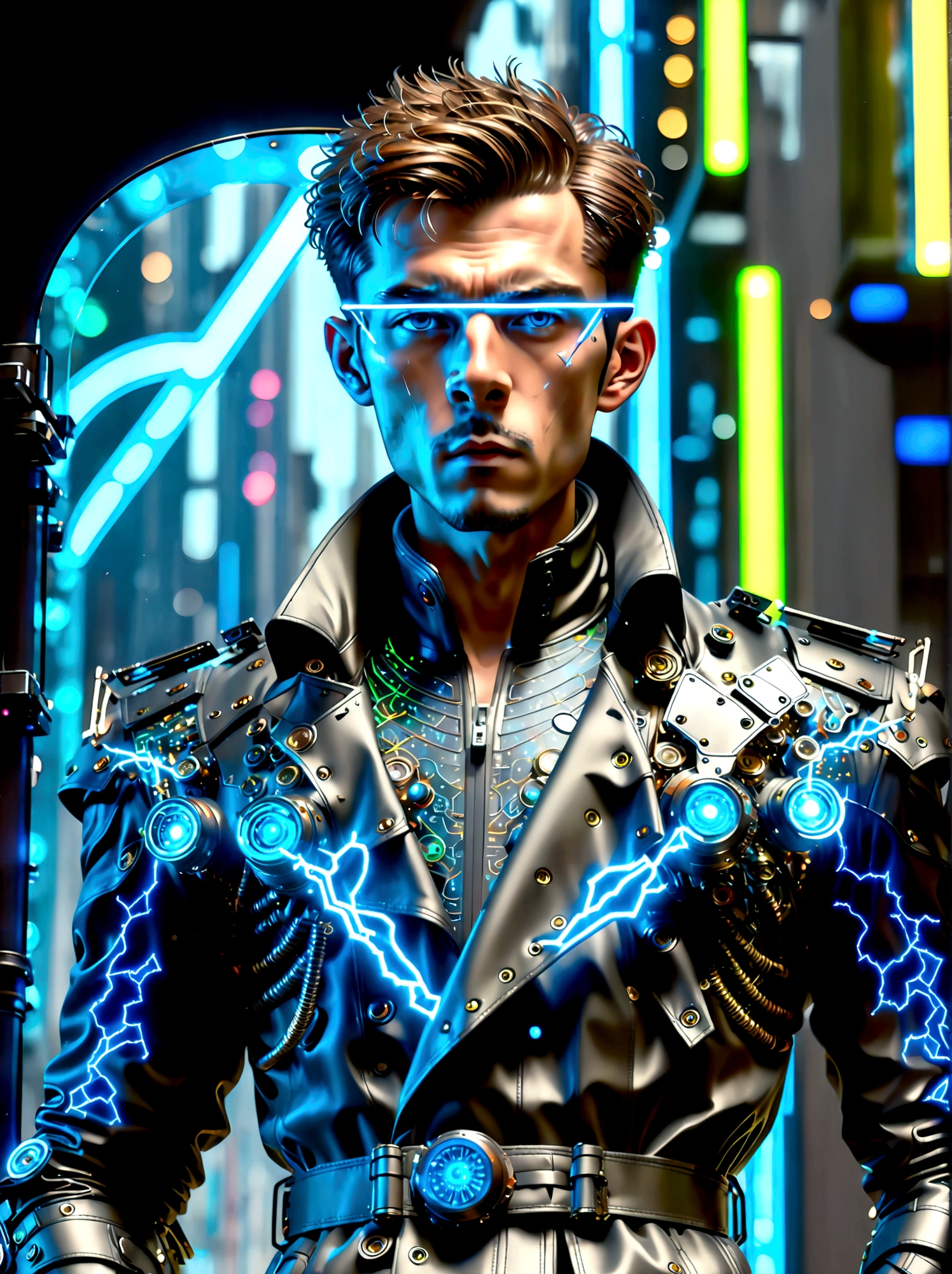 (best quality, 8k,highres,masterpiece:1.2), ultra-detailed, (realistic, photorealistic), (Detective Gadget in a sleek black trench coat:1.5), (Black trench coat of future technology:1.7), standing confidently, showcasing advanced futuristic gadgets, electric blue accents on his gadgets, mechanical arms extending from his coat, sharp and determined eyes, futuristic cityscape in background, bokeh, studio lighting, sharp focus