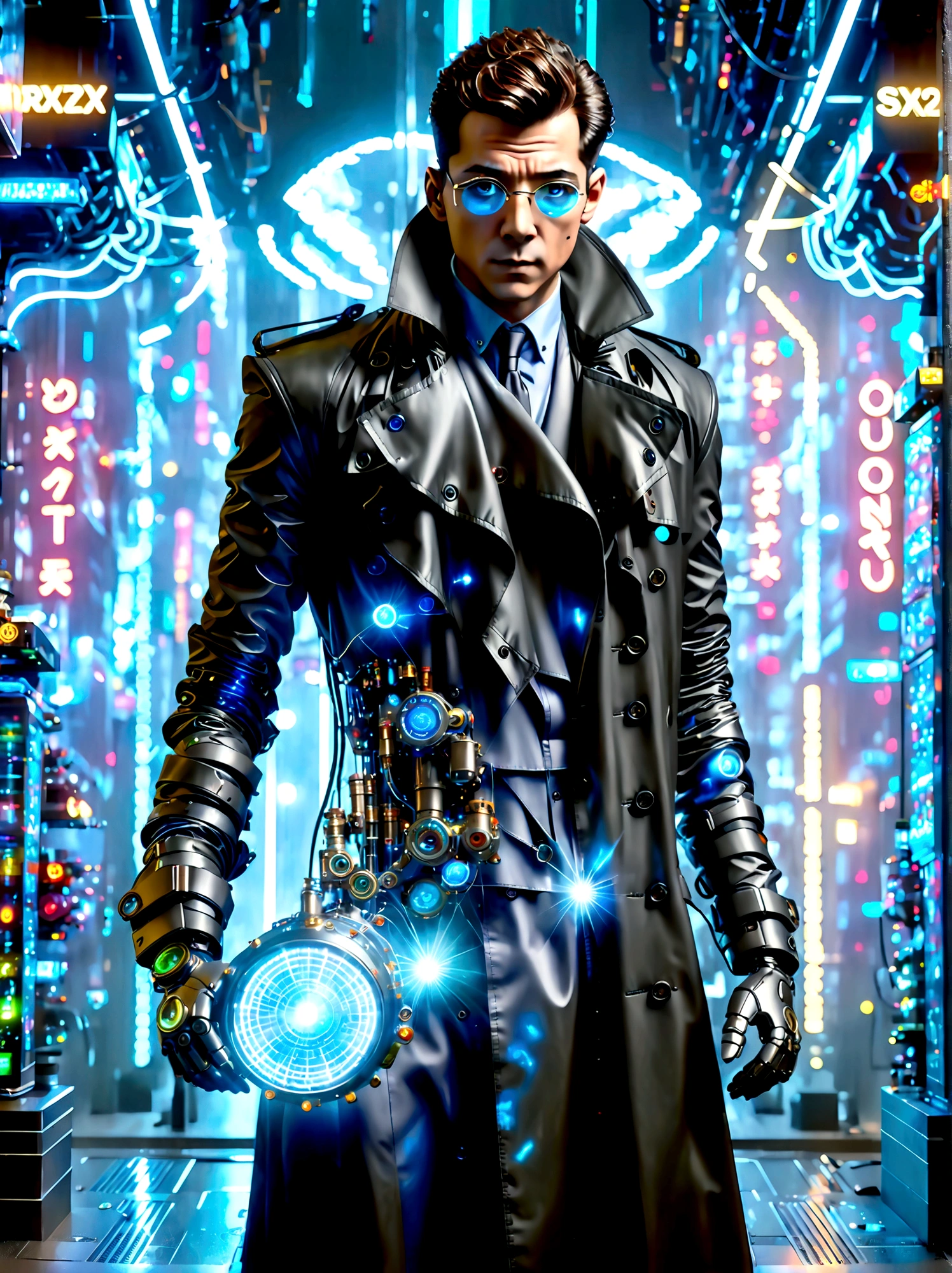 (best quality, 8k,highres,masterpiece:1.2), ultra-detailed, (realistic, photorealistic), (Detective Gadget in a sleek black trench coat:1.5), (Black trench coat of future technology:1.7), standing confidently, showcasing advanced futuristic gadgets, electric blue accents on his gadgets, mechanical arms extending from his coat, sharp and determined eyes, futuristic cityscape in background, bokeh, studio lighting, sharp focus