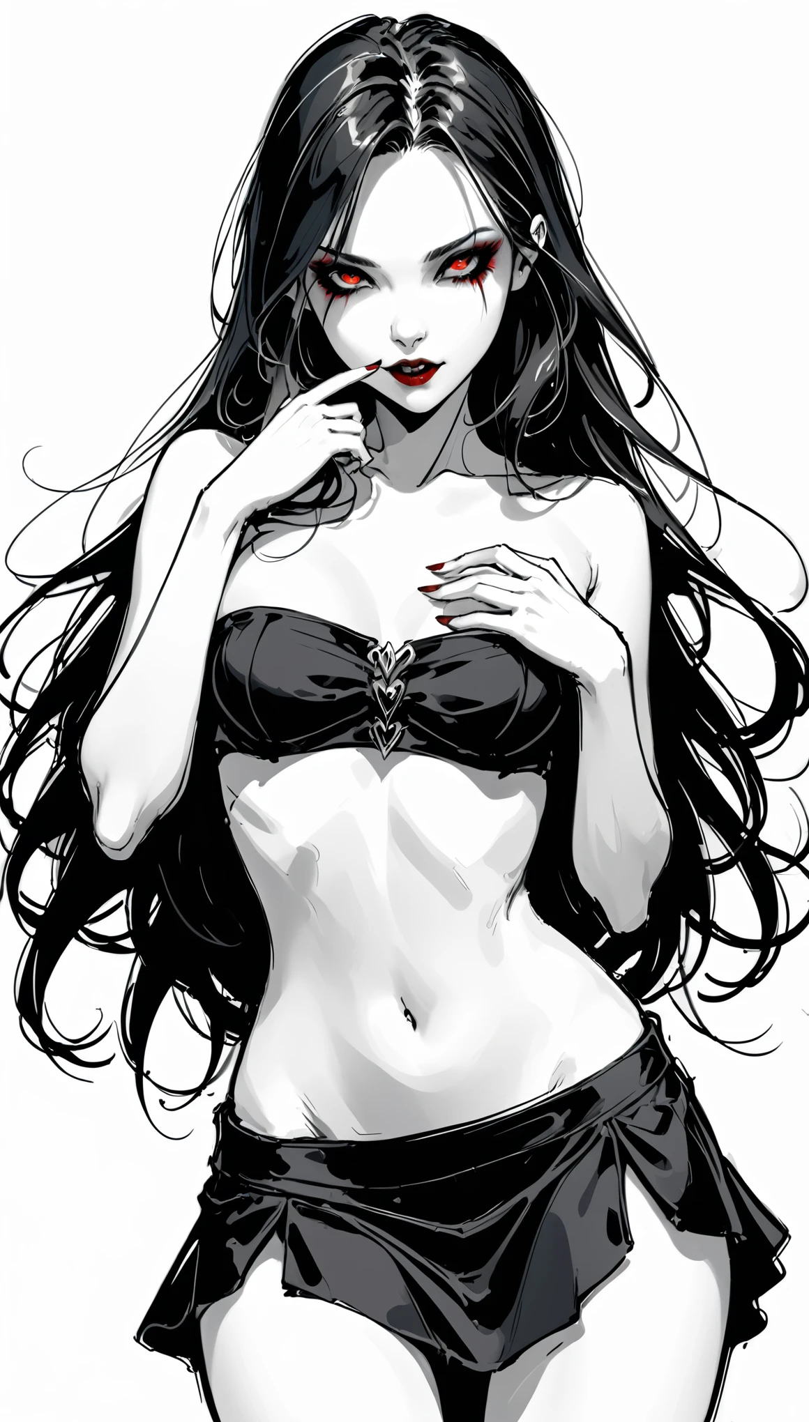 (???? waist, Waist Focus:2.0), In the style of Stephen Gamell, Vampire Girl, (Sketch Style, Black and White:1.5), White background, contour, girl, Dynamic Action, Flowing long hair, Black T-shirt, Loose low waist skirt, (Tilted head:2.0), Fingers on cheeks, UHD, masterpiece, anatomically correct, best quality