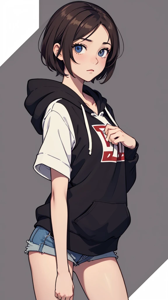 (((masterpiece, best quality, ultra highres, 1 girl, solo, no background))), super detailed skin and face and eyes and finger, beautiful japanese woman, small breasts:1.5, skinny, light brown hair, white background, very short pixie hair, (an illustration of girl), Knee shot, Generate with illustrations, Various expressions, Various poses, Please draw the entire character within the frame, ensuring that the head, arms, and legs are not cut off. The background should be simple, with the character positioned centrally, outline, anime, hoodie,